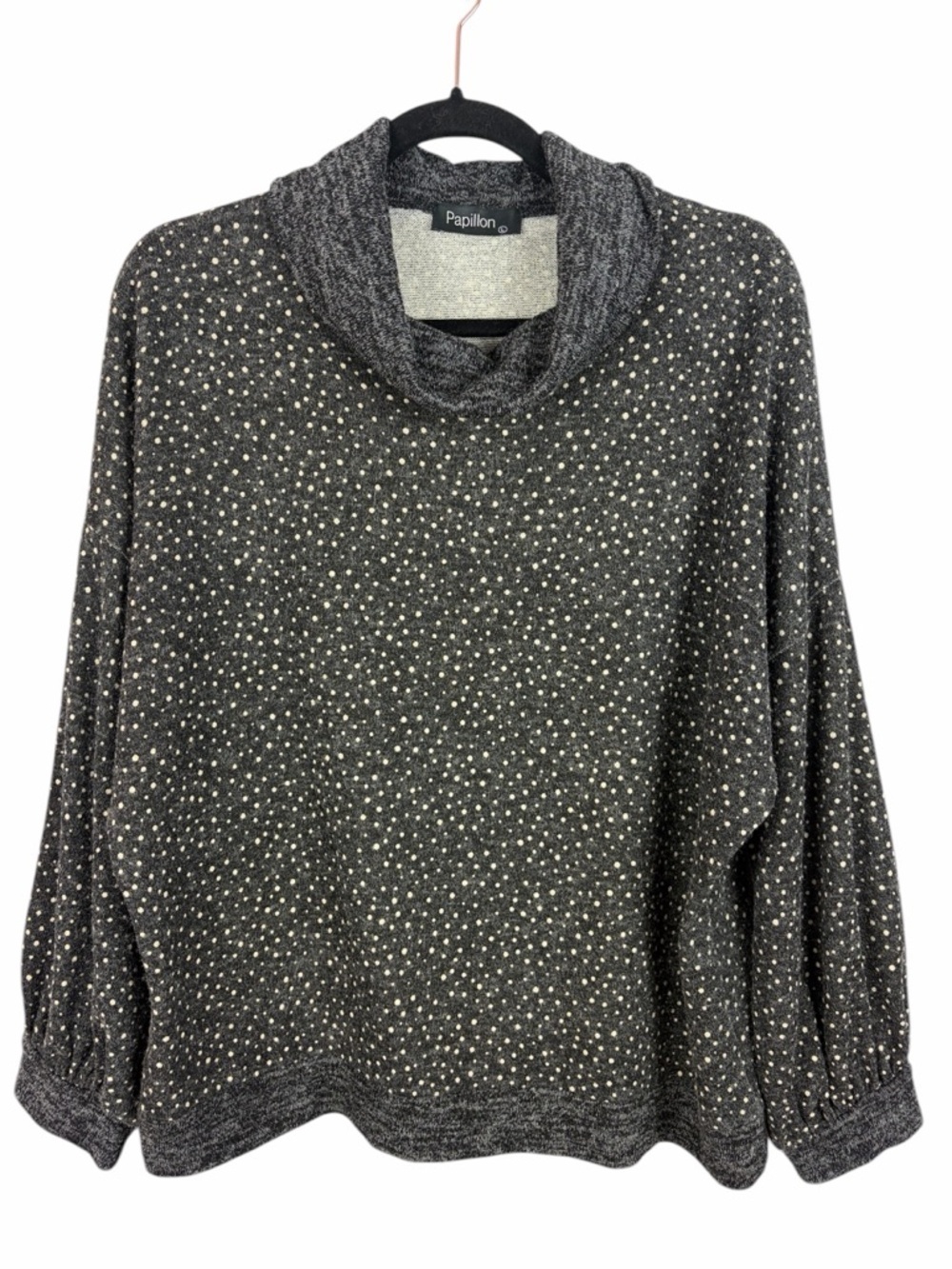 Papillon Grey Polka Dot Sweater Cowl Neck Knit Top Balloon Sleeve Size Large